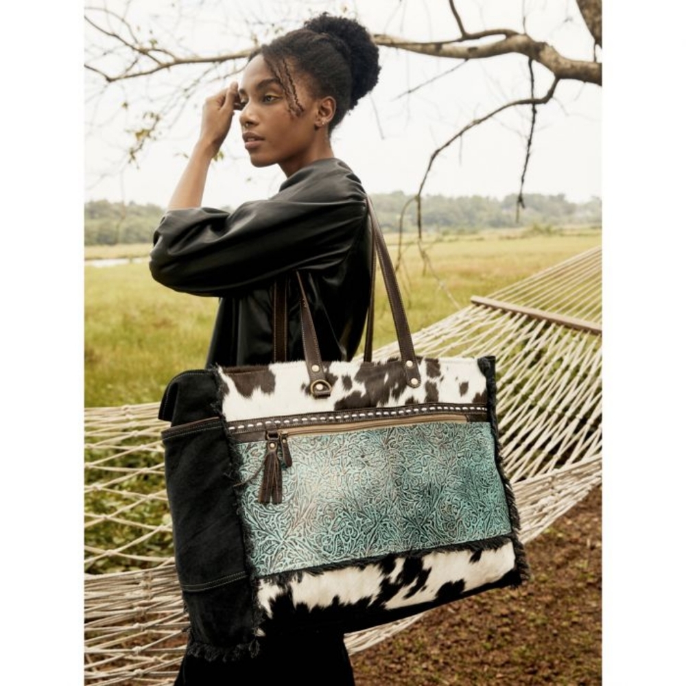 😍New Green Myra Bag Cowhide Canvas Leather Weekender Travel XL extra large Tote - Picture 2 of 6